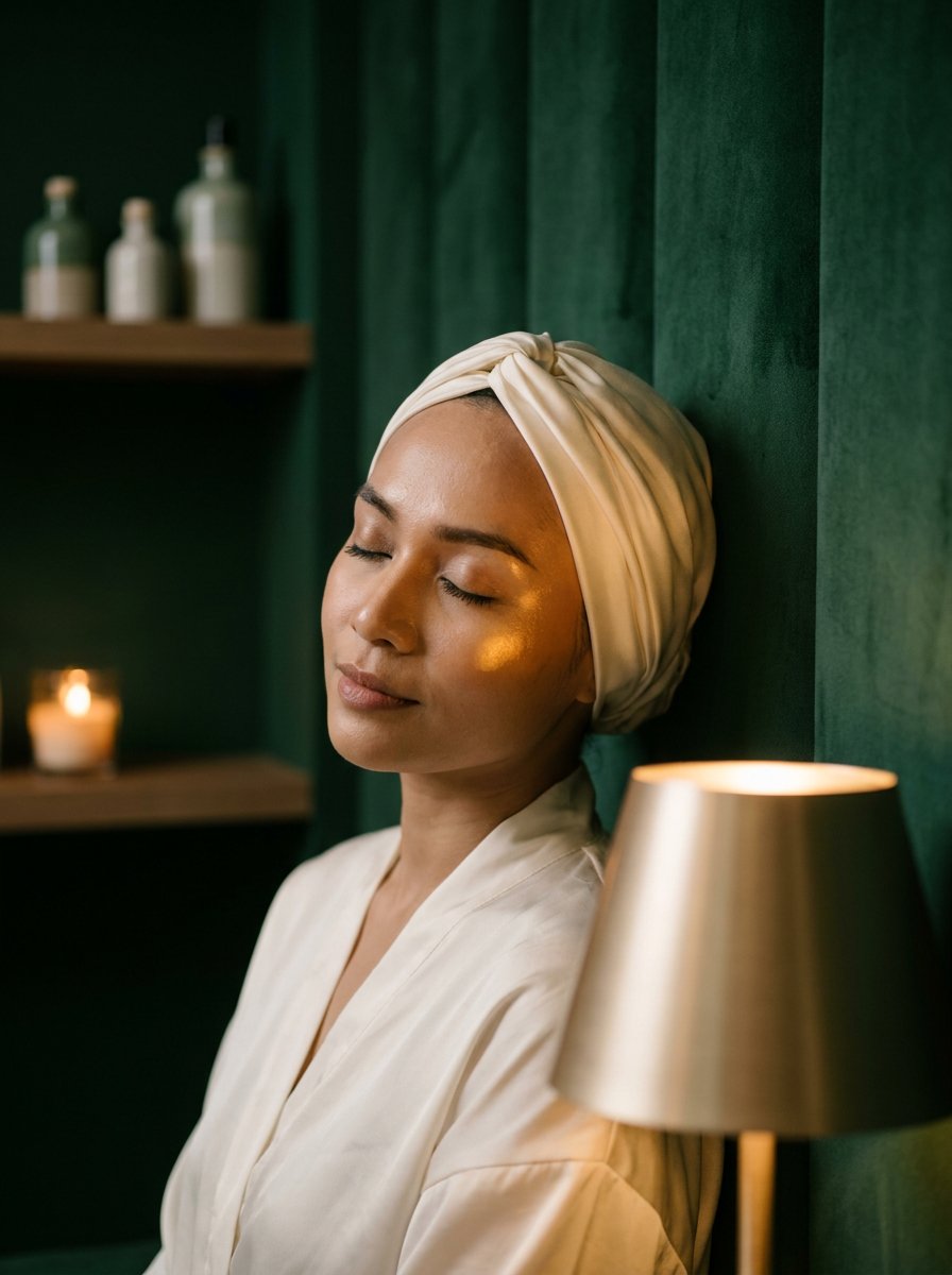 Serene portrait of a woman in a cream silk headwrap in warm spa candlelight against an emerald wall