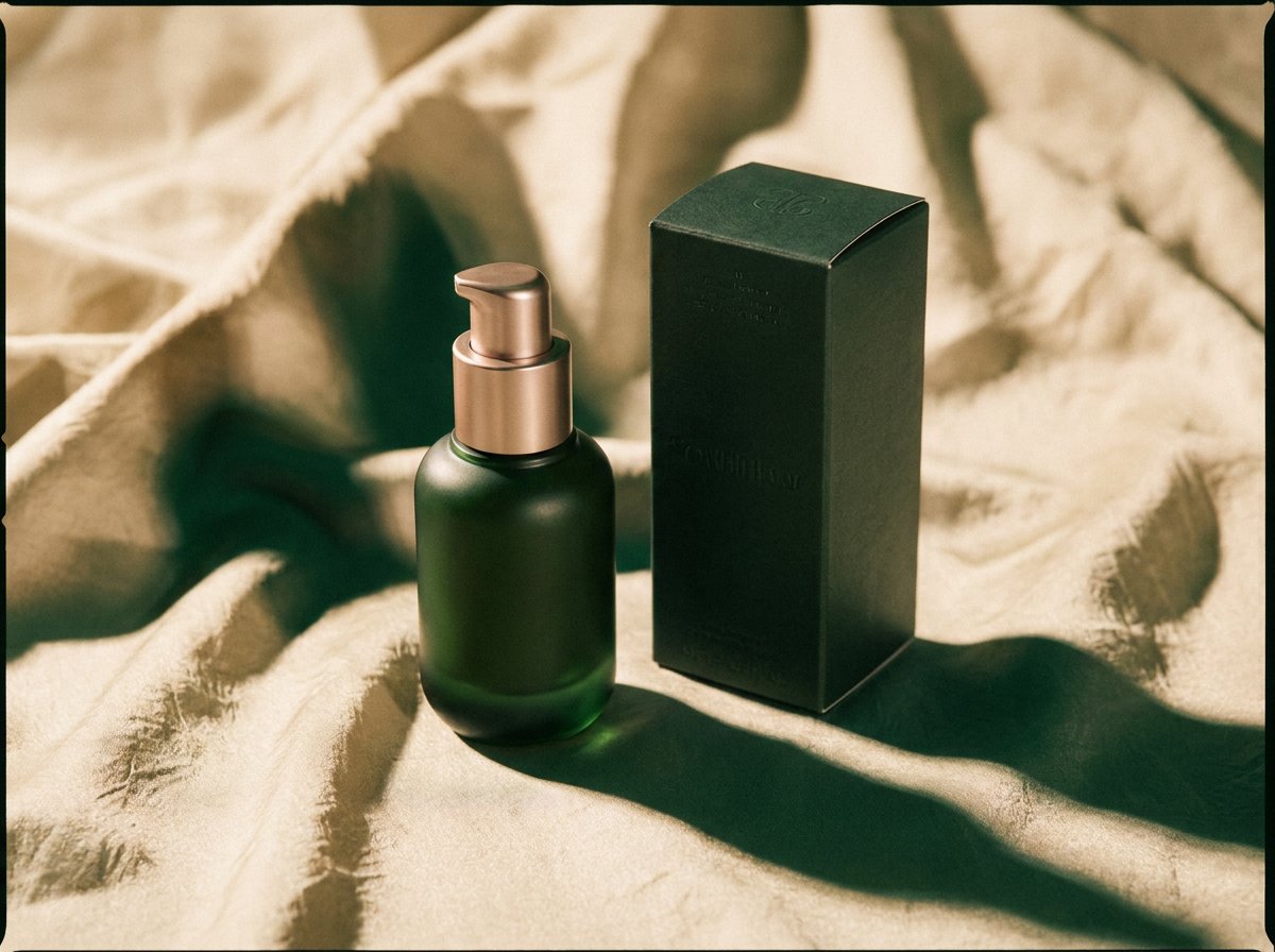 LumiSkin Foundation bottle with a rose-gold cap beside its box on champagne silk