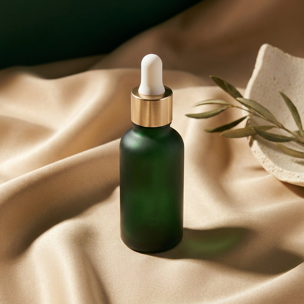 Deep-green Radiance Serum dropper bottle with a brushed gold cap