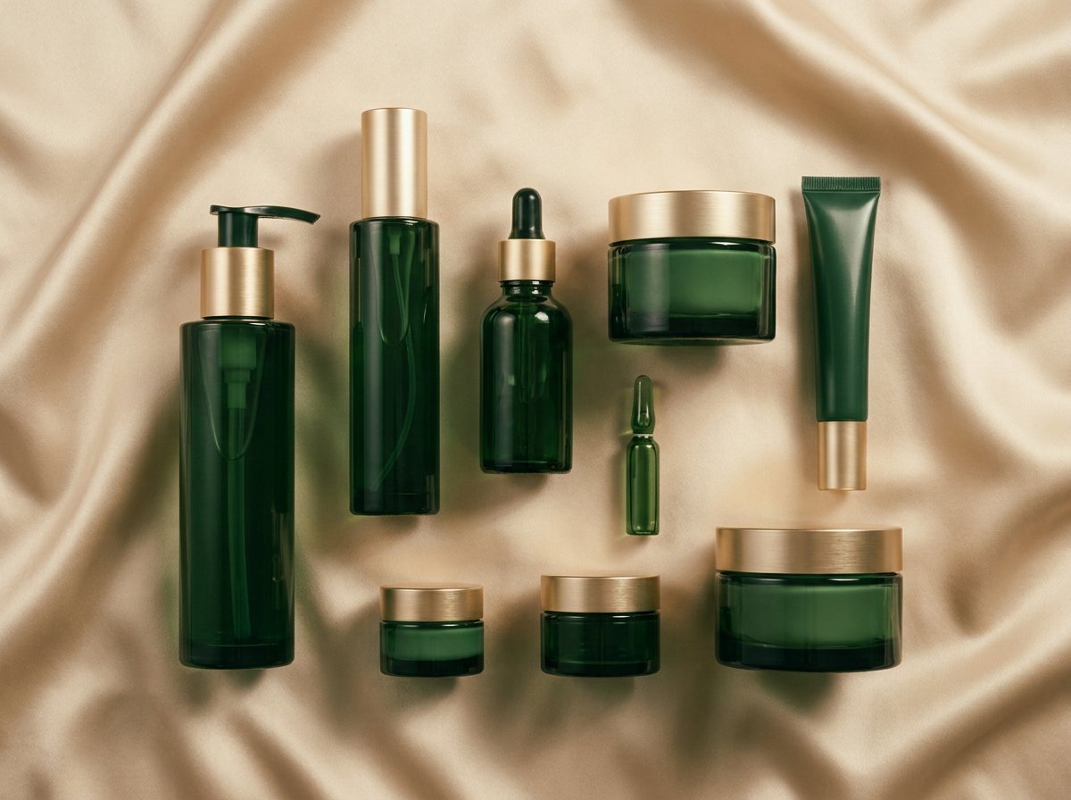 Family of deep-green skincare bottles with brushed gold caps on champagne backdrop