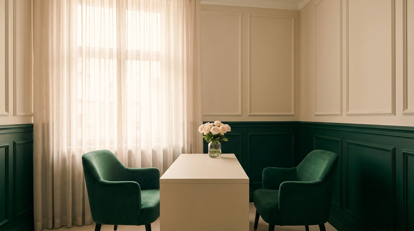 Private consultation room with cream chairs and daylight