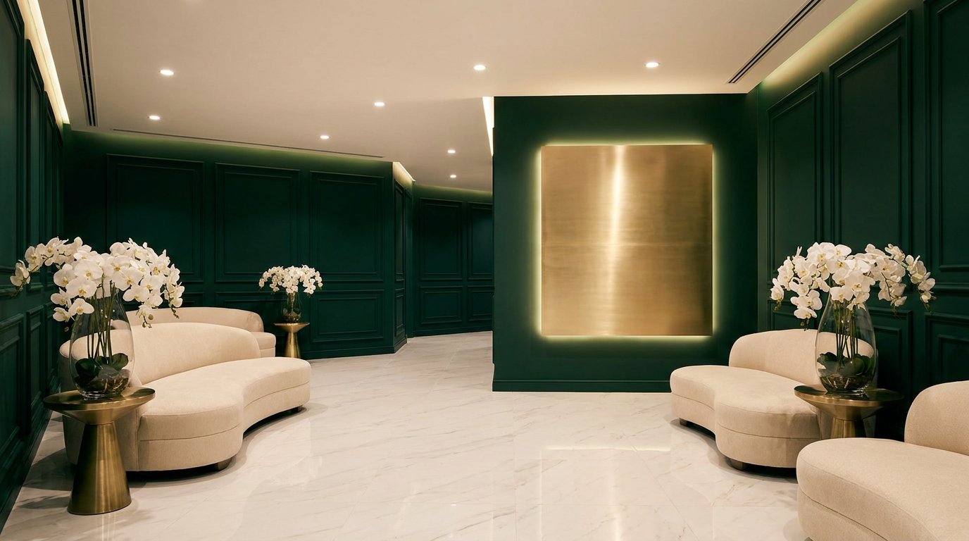 Luxury medispa reception with emerald panelled walls, marble floor and cream sofas