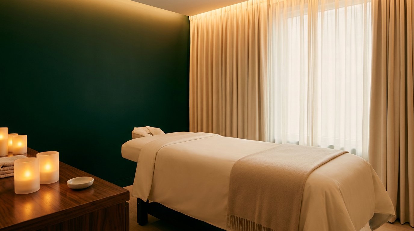 Treatment room with white-linen bed and warm candlelight