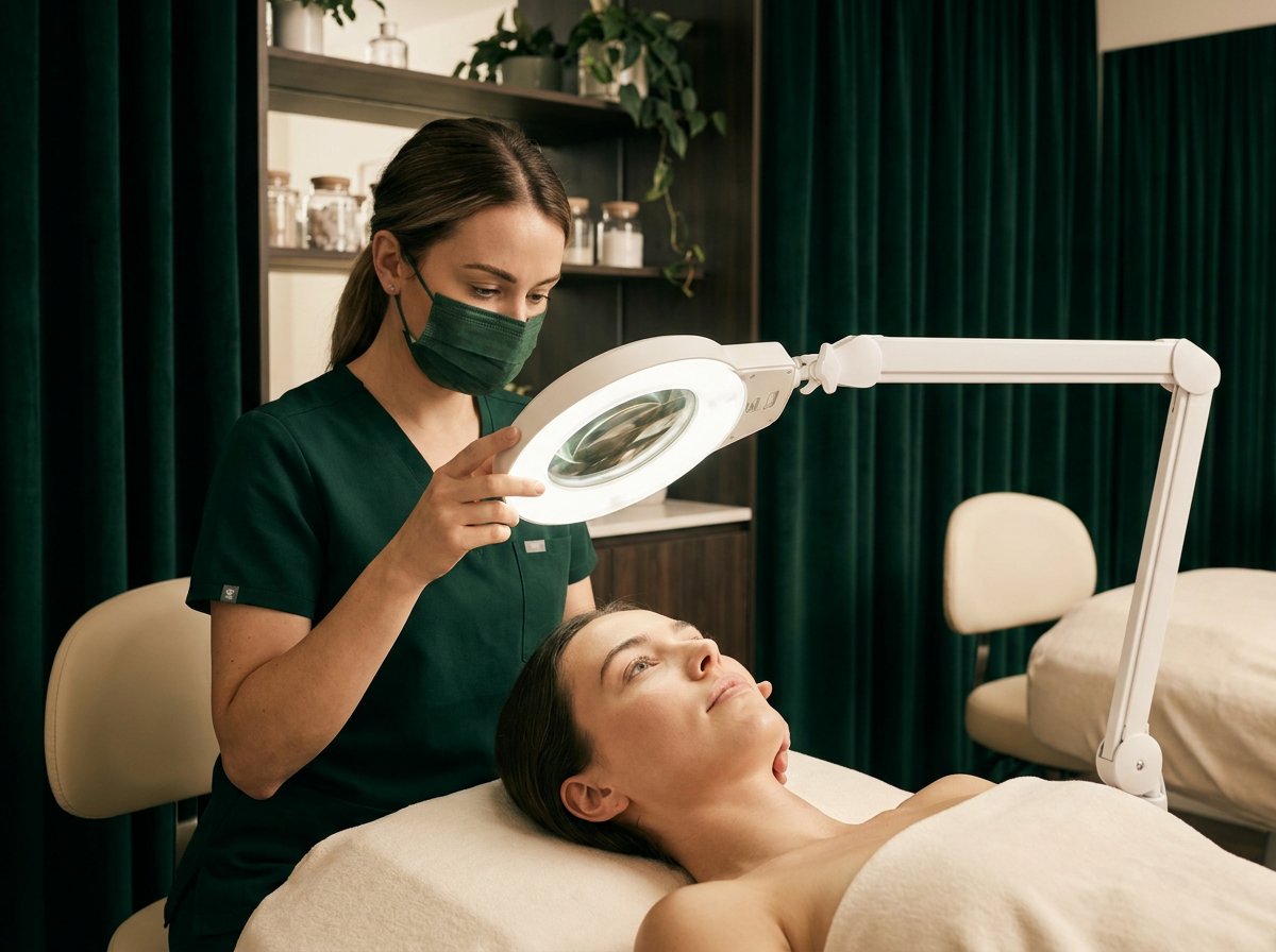 Aesthetician examining a client's clear skin under a magnifying lamp during acne assessment
