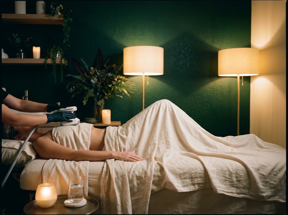 Body contouring therapy on a massage bed draped in cream linens against an emerald wall