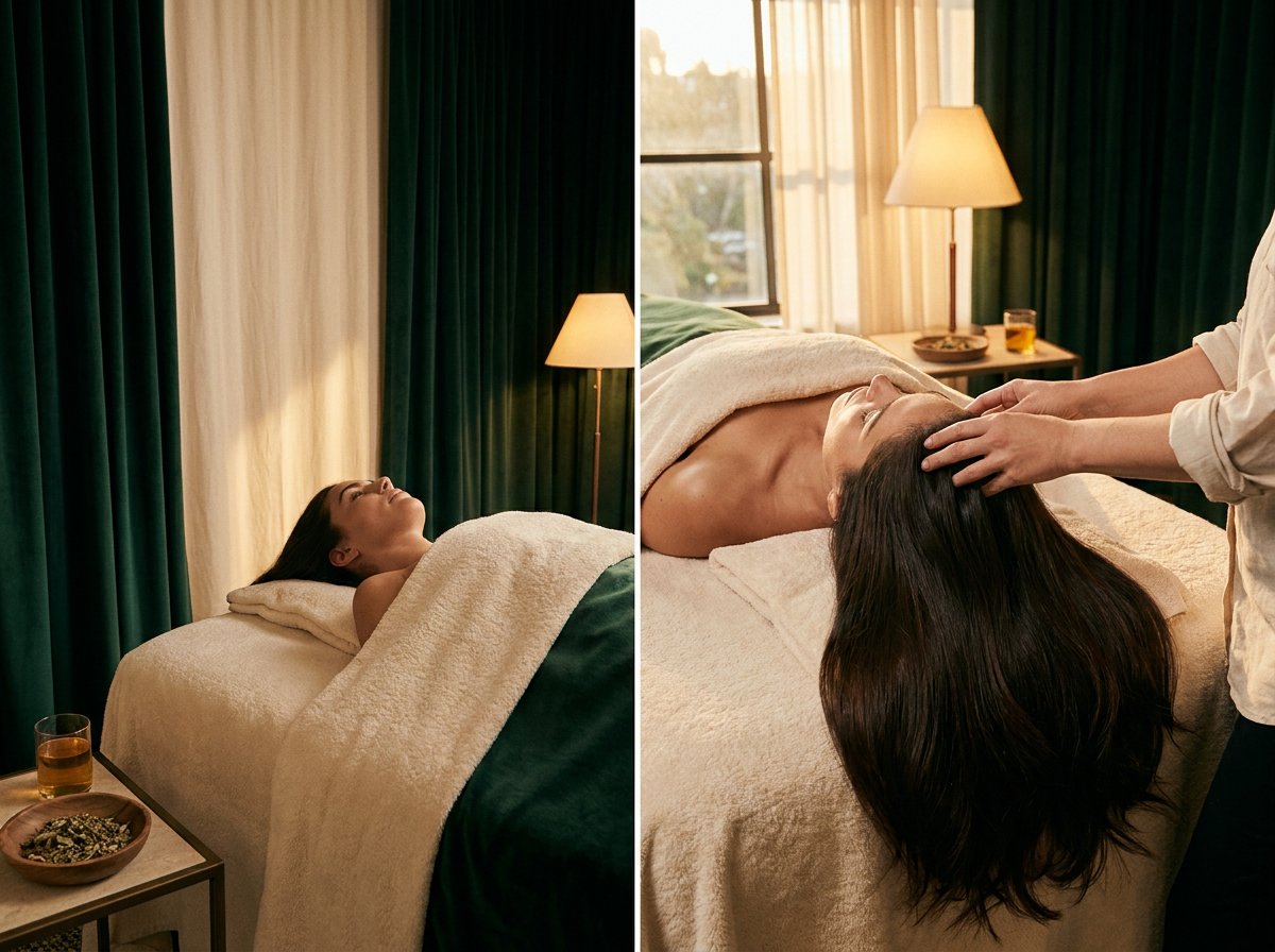 Scalp massage treatment with long, healthy dark hair fanned across a cream towel